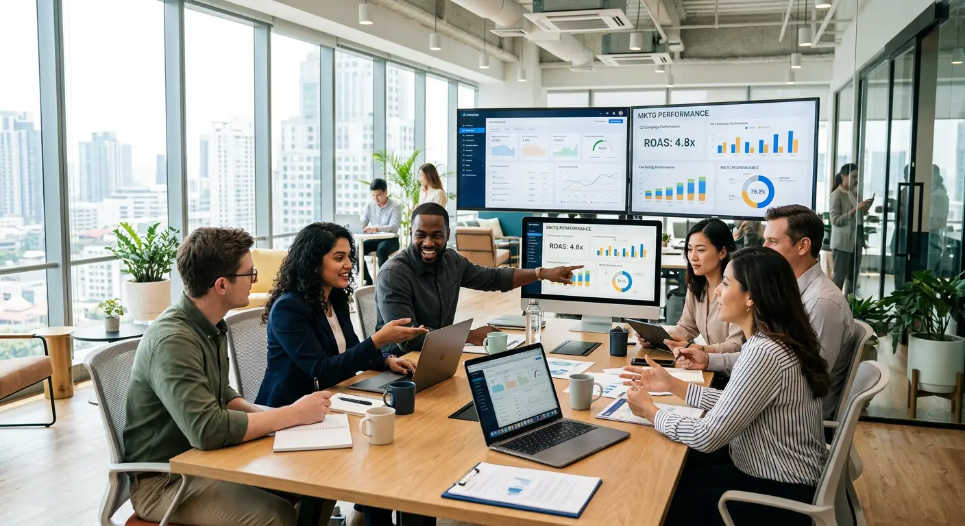 Modern business team analyzing growth strategies